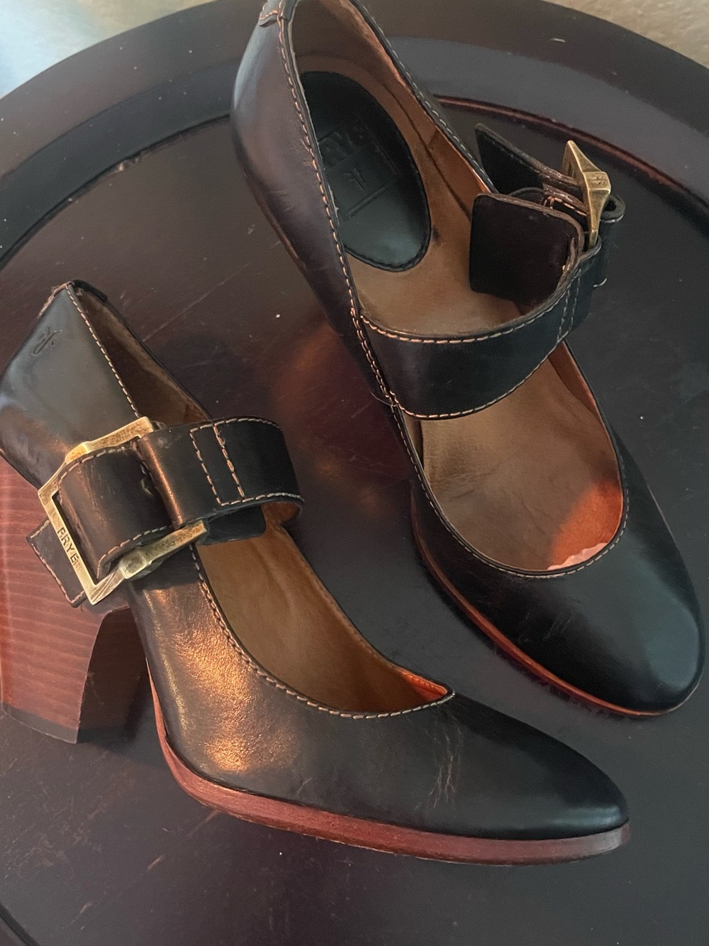 FRYE AND CO. Black Leather Mary Jane Heels with Gold Buckles